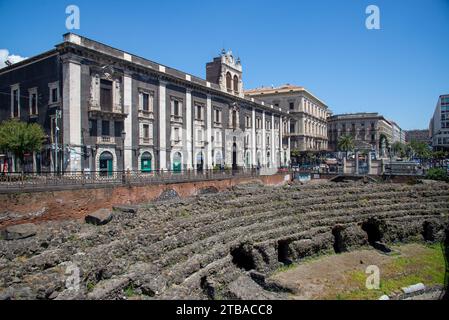 Ruines d'amphithéâtre à Catane, Sicile, Italie Banque D'Images