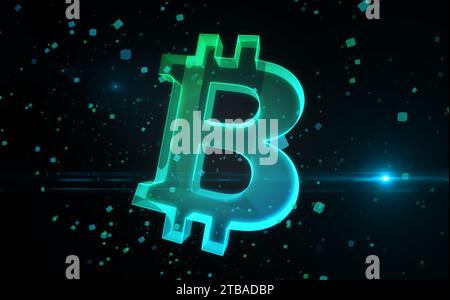 Bitcoin blockchain crypto monnaie et symbole d'argent numérique concept abstrait numérique verre holographique. Cyber technologie et informatique de fond 3d ob Banque D'Images
