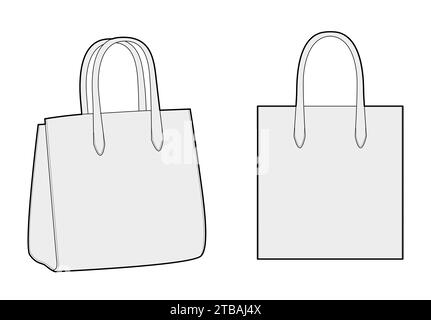 Sac silhouette fourre-tout. Illustration technique accessoire de mode. Vector satchel vue avant 3-4 pour hommes, femmes, style unisexe, sac à main plat maquette CAD esquisse contour isolé Illustration de Vecteur