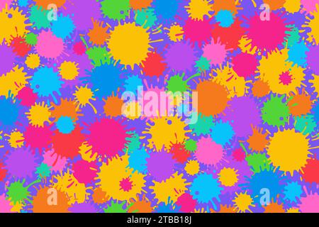 Splash peinture éclabousser motif sans couture de dessin animé coloré. Tache, ornement répété d'écailles, liquide goutte à goutte sans éclaboussures imprimé sans limites. Gouttes d'encre d'éclaboussures colorées pour le vecteur de décor textile de fond de papier peint Illustration de Vecteur