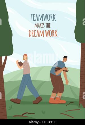 Les randonneurs collectent des branches sèches pour une illustration vectorielle de feu. Voyageurs dans le concept sauvage pour affiches et cartes postales. Aide et travail d'équipe. Travail d'équipe ma Illustration de Vecteur