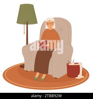 Heureuse femme caucasienne senior lisant le livre sur la chaise. Les vieilles femmes modernes dans un environnement familial confortable. Illustration vectorielle Illustration de Vecteur