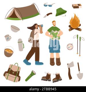 Ensemble de camping et de randonnée, concept de personnages et éléments dessinés à la main - tente, feu de camp, carte et sac à dos. Les voyageurs heureux recherchent la bonne façon o Illustration de Vecteur