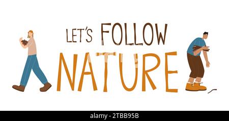 Les randonneurs collectent des branches sèches pour une illustration vectorielle de feu. Garçon et fille collectent le bois de broussailles isolé sur un fond blanc. Suivons nature leteri Illustration de Vecteur