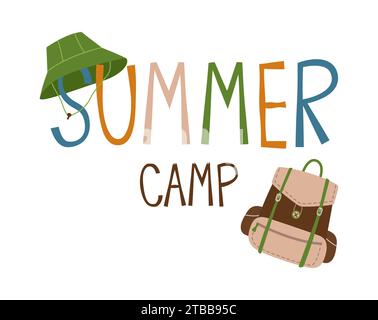 Illustration de clipart vectorielle de l'aventure d'été avec lettrage. Image enfant lumineuse de la randonnée. Chapeau Panama et sac à dos. Repos actif d'été. Illustratio Illustration de Vecteur