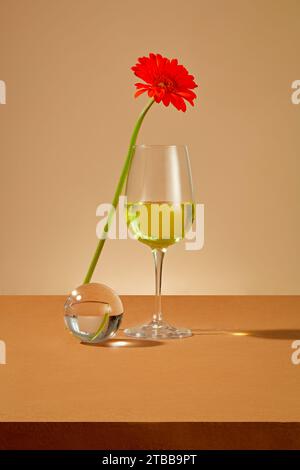 Un verre de vin rouge contenant du liquide jaune, une fleur de gerbera rouge et un globe en verre sont exposés sur une table brune. La beauté vient des fleurs fraîches. Banque D'Images