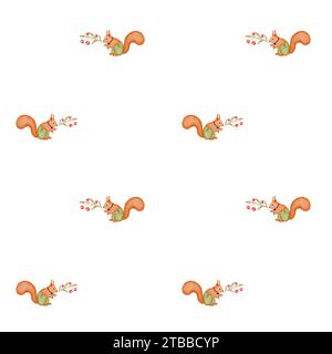 Motif aquarelle sans couture de mignon écureuil rouge dans un pantalon avec une branche de baies. Joli animal pour l'impression sur des textiles pour enfants, pyjamas et lit Banque D'Images