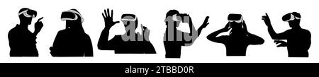 Silhouettes de personnes dans un casque de réalité virtuelle. Illustration de Vecteur