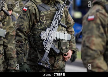 Bucarest, Roumanie - 1 décembre 2023 : Détails d'un soldat polonais en uniforme lors du défilé militaire de la fête nationale roumaine. Banque D'Images