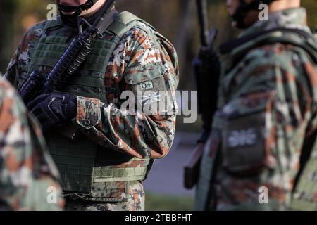 Bucarest, Roumanie - 1 décembre 2023 : image de faible profondeur de champ avec des détails d'un soldat de la Maceonia du Nord en uniforme pendant le D national roumain Banque D'Images