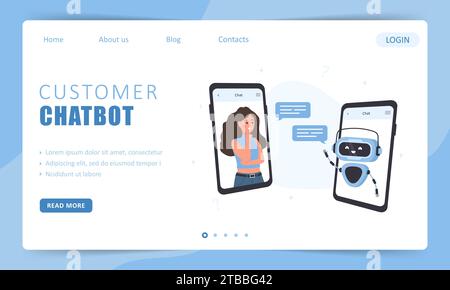 Concept de chatbot client. Modèle de page d'arrivée. Femme parlant avec robot. Assistant IA. Fille posant des questions et recevant des réponses. Assistance en ligne Illustration de Vecteur