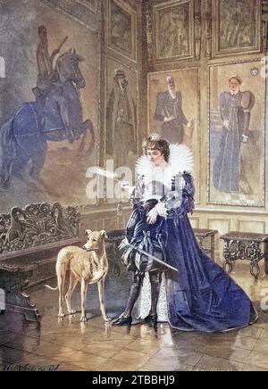 In der Ahnengalerie, Vornehme Dame mit Junge und Hund steht vor den Gemälden der Ahnen, Frankreich, Historisch, digital restaurierte Reproduktion von einer Vorlage aus dem 19. Jahrhundert / dans la galerie ancestrale, Noble dame avec garçon et chien debout devant les peintures ancestrales, France, Historique, reproduction restaurée numériquement à partir d'un original du 19e siècle Banque D'Images