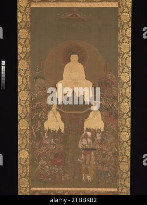 Shaka (Shakyamuni), le Bouddha historique, avec deux bodhisattvas attendants et seize déités bienveillantes 2012 par artiste non identifié Banque D'Images