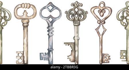 Bordure sans couture de style rétro aquarelle avec clipart de clés. Les touches graphiques vintage répètent le motif Banque D'Images