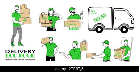 Dessins vectoriels conceptuels du service ECO Food Delivery. Illustration de Vecteur