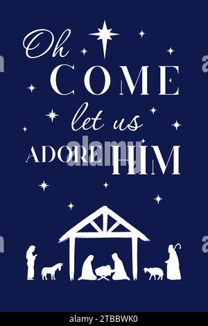 Oh viens, laissez-nous l'adorer, Christian Christmas concept. Lettrage de Noël pour bannière de médias sociaux ou affiches de Nativité. Illustration vectorielle Illustration de Vecteur