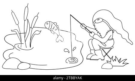 Coloriage pour les enfants : Joyeux Gnome attrape des poissons dans l'étang pour Une expérience amusante de livre de coloriage Illustration de Vecteur