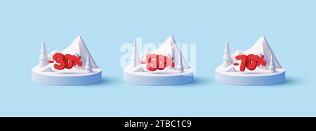 Podium de rendu 3d de Noël avec des sapins blancs et de grands numéros de pourcentage 3d arrondis rouges pour la bannière de vente et des réductions, composition de rendu isolée Illustration de Vecteur