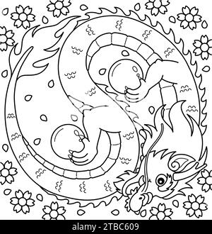 Année du Dragon Yin Yang Coloriage page pour les enfants Illustration de Vecteur