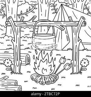 Camping Cooking Pot sur Bonfire coloriage page Illustration de Vecteur