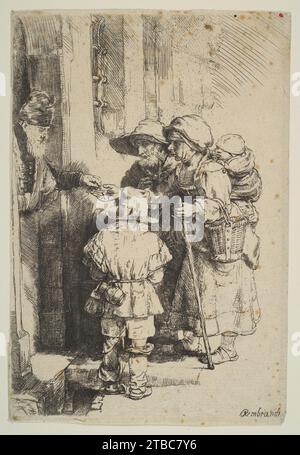 Mendiants recevant l'aumône à la porte d'une maison 1917 par Rembrandt (Rembrandt van Rijn) Banque D'Images