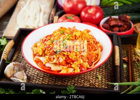 Œuf frit avec tomates et nouilles avec huile d'écailles, nouilles biang biang Banque D'Images