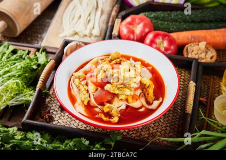 Œuf frit avec tomates et nouilles avec huile d'écailles, nouilles biang biang Banque D'Images