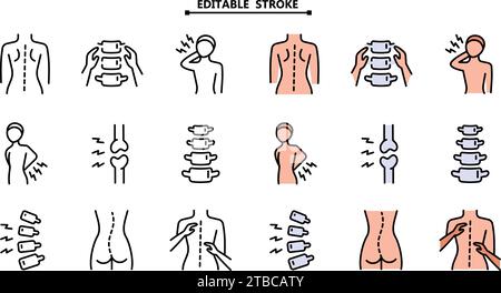 Jeu d'icônes de ligne chiropratique. Contour modifiable. Jeu d'icônes chiropracteur. Contour ensemble d'icônes vectorielles chiropracteur. Chiropraticien, traitement spline, massage Illustration de Vecteur