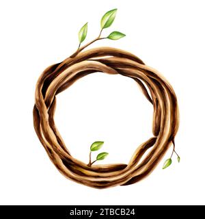 Illustration de marqueur de couronne ethnique en osier en bois de brindilles avec des feuilles de printemps dans le style aquarelle. Support peint à la main isolé sur fond blanc. Banque D'Images