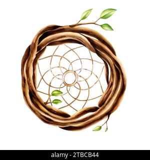 Illustration de marqueur de couronne ethnique en osier en bois dreamcatcher de brindilles avec des feuilles de printemps dans le style aquarelle. Support peint à la main isolé sur blanc Banque D'Images