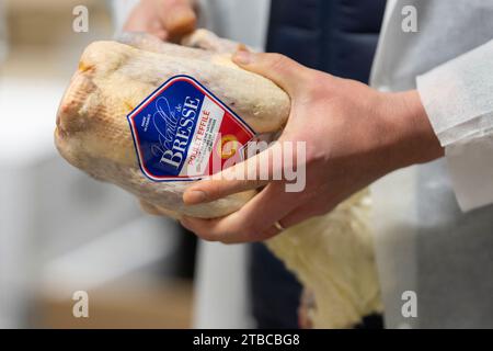 Cette photographie montre un employé qui travaille avec de la volaille de Bresse au pavillon volatile du marché International de Rungis, banlieue sud de Paris, le 6 décembre 2023. Le marché International de Rungis (Marche International de Rungis) est le principal marché de Paris, principalement pour les produits alimentaires et horticoles, situé sur la commune de Rungis, dans la banlieue sud. C'est le deuxième plus grand marché alimentaire en gros dans le monde après Central de Abasto, situé dans la ville de Mexico. Depuis ses origines au 10e siècle jusqu'au milieu du 20e siècle, le marché central de Paris était situé au centre de la ville Banque D'Images