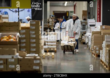 Cette photographie montre un employé qui travaille au pavillon volatile du marché International de Rungis, banlieue sud de Paris, le 6 décembre 2023. Le marché International de Rungis (Marche International de Rungis) est le principal marché de Paris, principalement pour les produits alimentaires et horticoles, situé sur la commune de Rungis, dans la banlieue sud. C'est le deuxième plus grand marché alimentaire en gros dans le monde après Central de Abasto, situé dans la ville de Mexico. Depuis ses origines au 10e siècle jusqu’au milieu du 20e siècle, le marché central de Paris était situé au centre de la ville, dans un 10-hec Banque D'Images