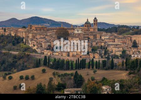 Une vue panoramique sur Urbino, un joyau de la Renaissance, perché au sommet d'une colline au milieu de la campagne verdoyante des Marches, en Italie. Banque D'Images