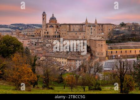 Une vue panoramique sur Urbino, un joyau de la Renaissance, perché au sommet d'une colline au milieu de la campagne verdoyante des Marches, en Italie. Banque D'Images