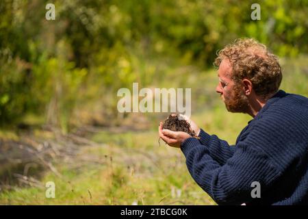 agronome agronome de l'agronome du sol regardant des échantillons de sol et de l'herbe dans un champ au printemps. étude de la croissance des plantes et de la santé des sols au printemps Banque D'Images