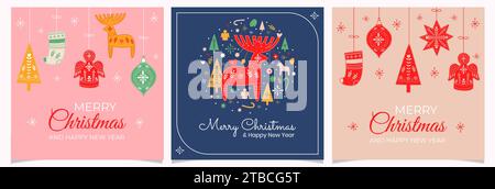 Ensemble de cartes de joyeux Noël avec décoration scandinave Illustration de Vecteur