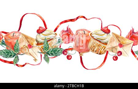 Bordure sans couture avec des bougies, des roses, des gâteaux, des coeurs. Illustration aquarelle isolée sur fond blanc. Cartes de Saint-Valentin, invitations de mariage. Banque D'Images