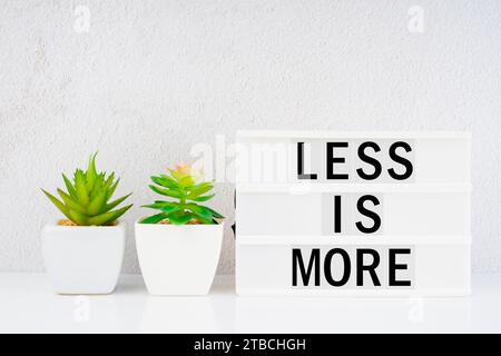 La visionneuse affichant les mots « Less is more » avec et les plantes sur une étagère. Concept zéro déchet. Banque D'Images