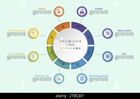 Infographie avec icônes thématiques Amusment Park, 10 étapes. Tels que la mise au point, le carrousel de chaîne, la grande roue, la voiture pare-chocs et plus encore. Illustration de Vecteur