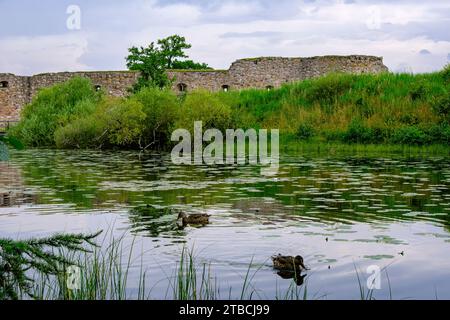 Vue panoramique sur les ruines du château de Kronoberg (Kronobergs slottsruin), Växjö, Smaland, Kronobergs län, Suède. Banque D'Images