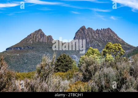 Twin Peaks et Dove Lake dans le parc national de Cradle Mountain-Lake St clair, Tasmanie, Australie. Banque D'Images