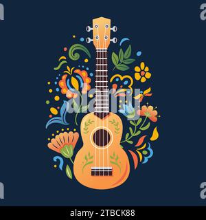 Guitare soprano hawaïenne ukulele à quatre cordes. Fleurs folkloriques mexicaines ou slaves. Style dessin animé. Petite guitare, instrument de musique à cordes. pour affiche, t-shirt Illustration de Vecteur