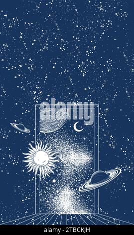Carte verticale avec étoiles et planètes, affiche ésotérique céleste, concept d'harmonie, fond de zodiaque, modèle pour la conception. Illustration graphique vectorielle plate Illustration de Vecteur