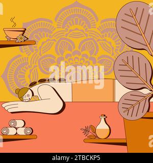 Massage du dos avec pierres chaudes. Traitement et thérapie avec des pierres dans le salon de spa. Concept de soin de beauté. Illustration vectorielle plate isolée. Illustration de Vecteur