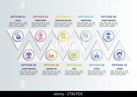 Infographie avec icônes thématiques Amusment Park, 10 étapes. Tels que la mise au point, le carrousel de chaîne, la grande roue, la voiture pare-chocs et plus encore. Illustration de Vecteur