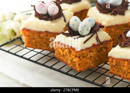 Barres de gâteau aux carottes de Pâques décorées avec nid de chocolat et œufs de bonbons au chocolat fleurissant des fleurs de cerise ou de pomme sur des fonds rustiques en bois clair. Banque D'Images