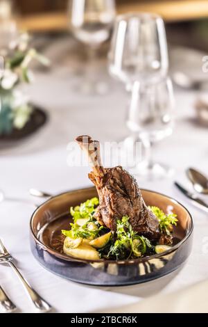 Gigot d'agneau confit sur purée de pommes de terre avec chou frisé crémeux, sauce demi glace et herbes au restaurant de l'hôtel. Banque D'Images