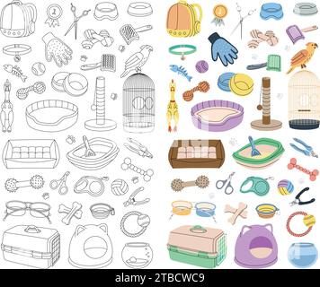Fournitures pour animaux pour la conception d'animalerie. Oreiller de couchage, jouet à mâcher, ciseaux, coupe-ongles, brosse, enlèvement de fourrure, aquarium, porte-sac à dos Illustration de Vecteur