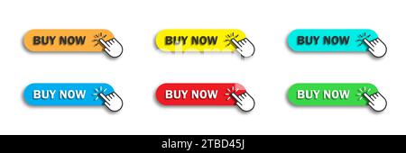 Jeu de boutons Acheter maintenant avec curseur de main et ombres. Illustration vectorielle plate Illustration de Vecteur