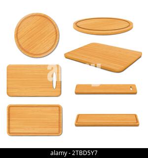 Pizza en bois et planches à découper vue sur le dessus ou sur l'avant. Plateaux de formes rondes et rectangulaires, naturel, écologique ustensiles de cuisine en bois isolé Illustration de Vecteur